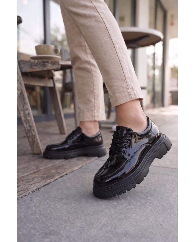 JY06 Solven Bağcıklı Rugan Erkek Günlük Spor Klasik Ayakkabı RST - Siyah