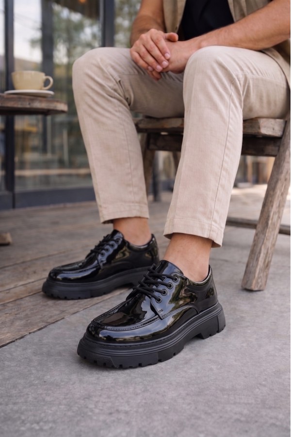 JY06 Solven Bağcıklı Rugan Erkek Günlük Spor Klasik Ayakkabı RST - Siyah