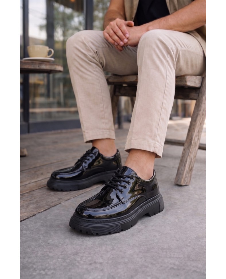 JY06 Solven Bağcıklı Rugan Erkek Günlük Spor Klasik Ayakkabı RST - Siyah