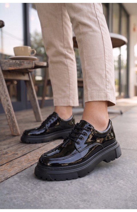 JY06 Solven Bağcıklı Rugan Erkek Günlük Spor Klasik Ayakkabı RST - Siyah