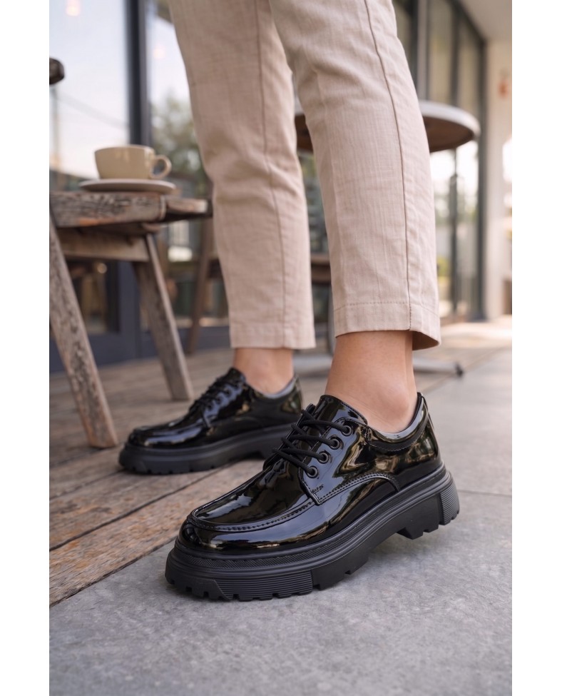 JY06 Solven Bağcıklı Rugan Erkek Günlük Spor Klasik Ayakkabı RST - Siyah