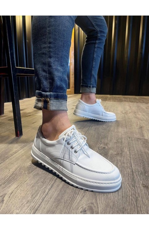 JY-T12 Velaro Bağcıklı Cilt Erkek Günlük Spor Klasik Ayakkabı CBT - Beyaz