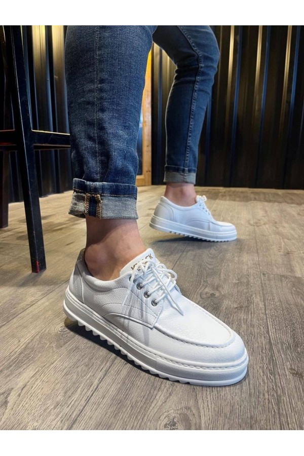 JY-T12 Velaro Bağcıklı Cilt Erkek Günlük Spor Klasik Ayakkabı CBT - Beyaz