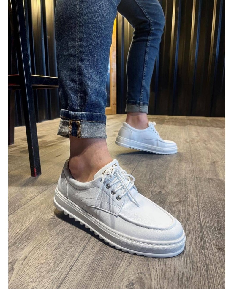 JY-T12 Velaro Bağcıklı Cilt Erkek Günlük Spor Klasik Ayakkabı CBT - Beyaz