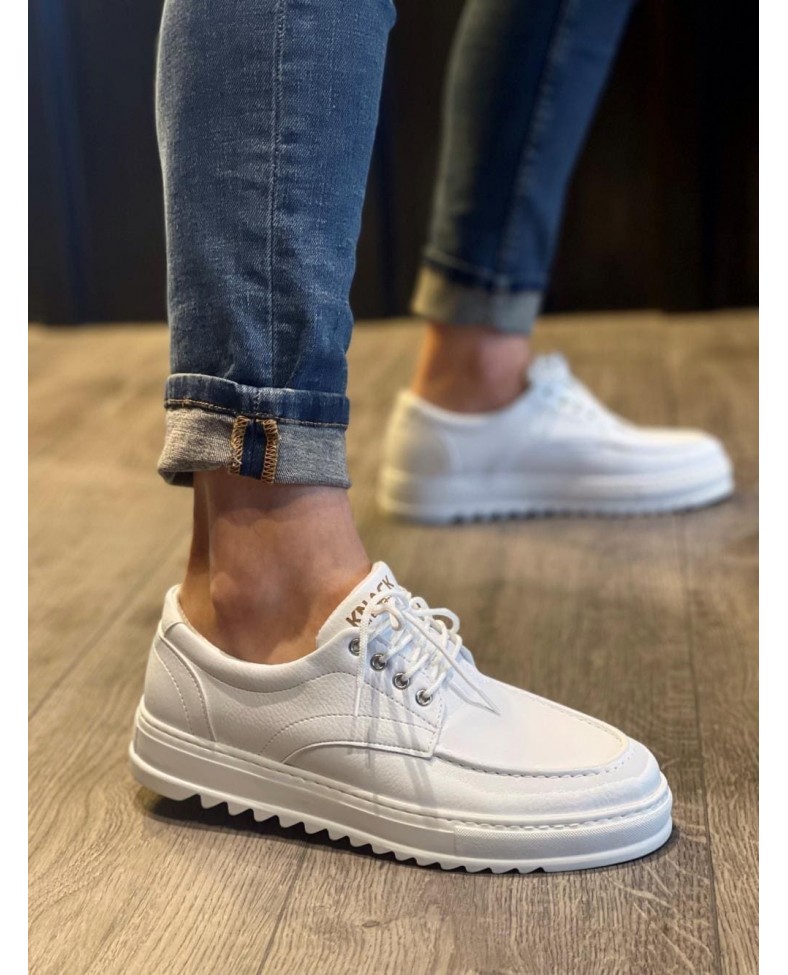 JY-T12 Velaro Bağcıklı Cilt Erkek Günlük Spor Klasik Ayakkabı CBT - Beyaz