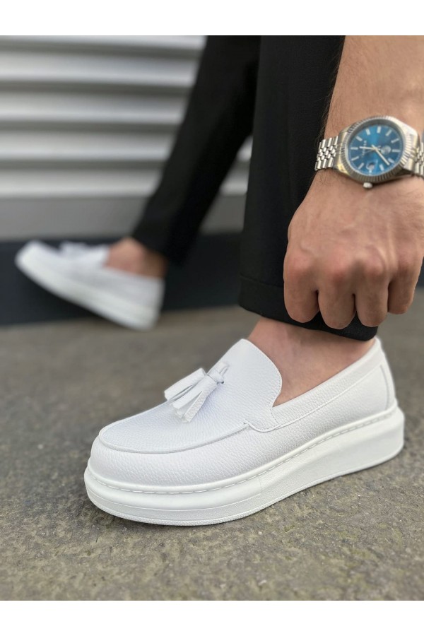 JY154 Blaze Bağcıksız Püsküllü Cilt Erkek Günlük Spor Klasik Ayakkabı CBT - Beyaz