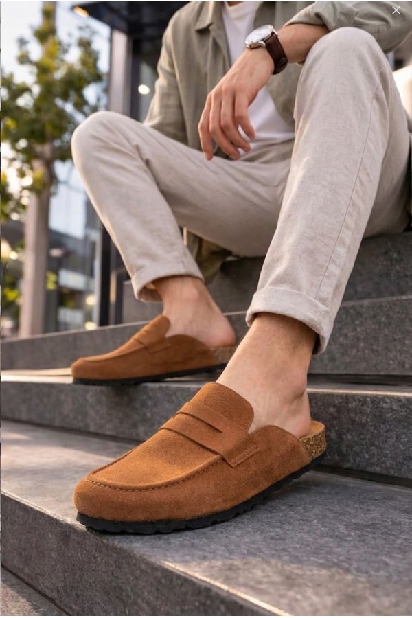 JY0456 Rayn Bağcıksız Hakiki Süet Deri Erkek Günlük Mantar Taban Loafer Klasik Ayakkabı HDMT - Taba