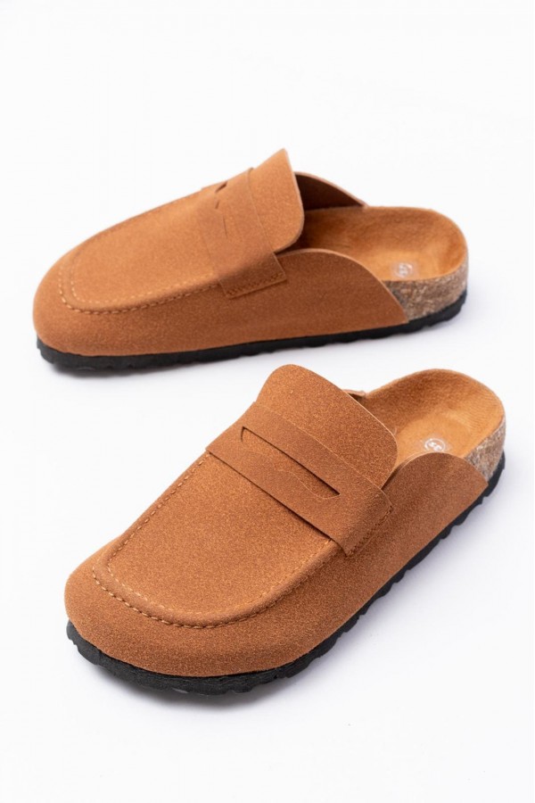 JY0456 Rayn Bağcıksız Hakiki Süet Deri Erkek Günlük Mantar Taban Loafer Klasik Ayakkabı HDMT - Taba