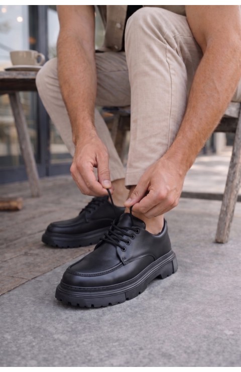 JY06 Solven Bağcıklı Cilt Erkek Günlük Spor Klasik Ayakkabı CST - Siyah