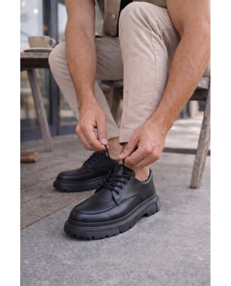 JY06 Solven Bağcıklı Cilt Erkek Günlük Spor Klasik Ayakkabı CST - Siyah