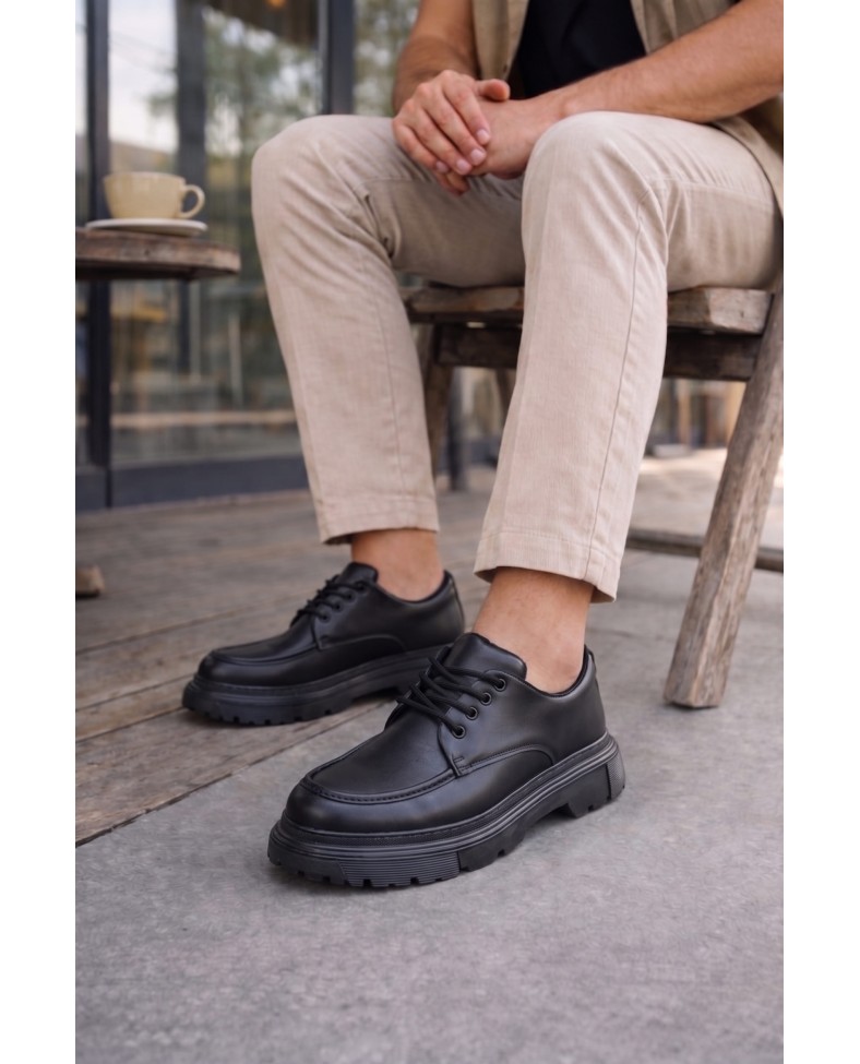 JY06 Solven Bağcıklı Cilt Erkek Günlük Spor Klasik Ayakkabı CST - Siyah