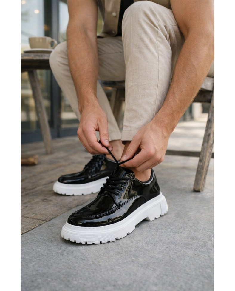 JY06 Solven Bağcıklı Rugan Erkek Günlük Spor Klasik Ayakkabı RBT - Siyah