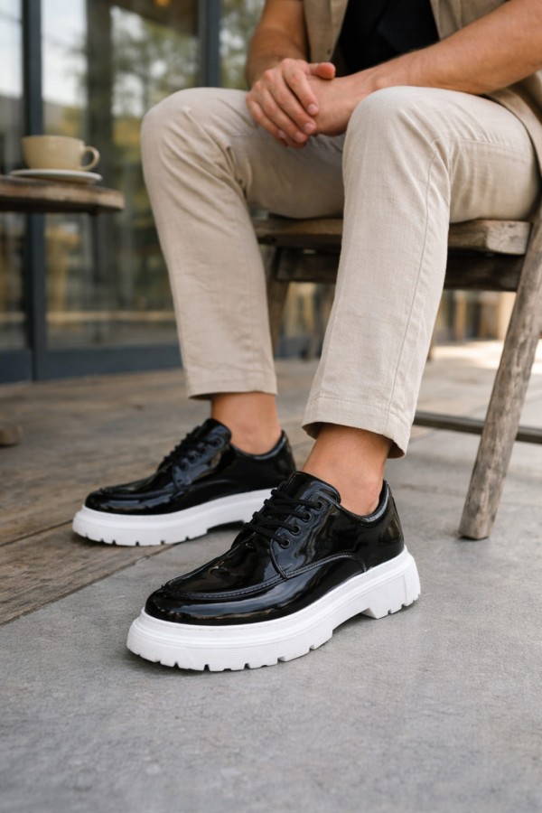 JY06 Solven Bağcıklı Rugan Erkek Günlük Spor Klasik Ayakkabı RBT - Siyah