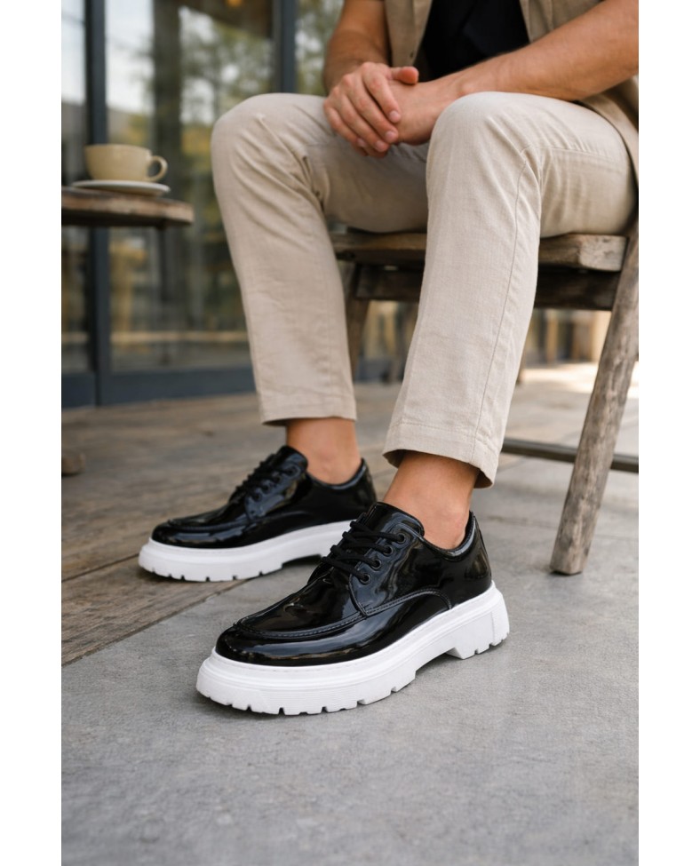 JY06 Solven Bağcıklı Rugan Erkek Günlük Spor Klasik Ayakkabı RBT - Siyah