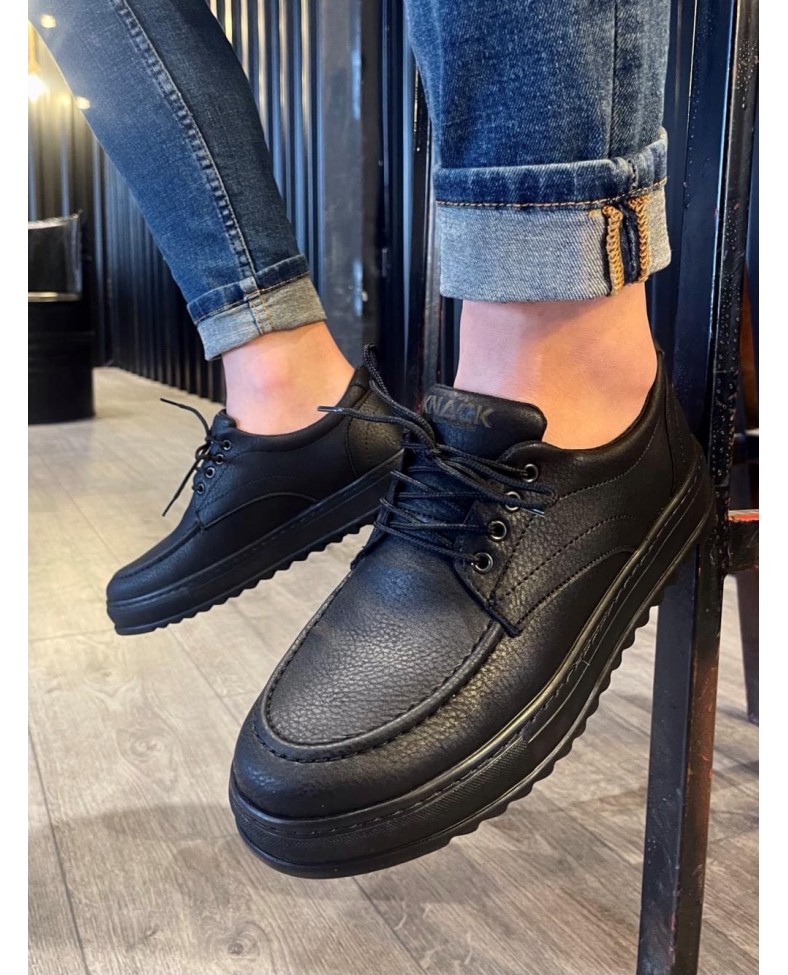 JY-T12 Velaro Bağcıklı Cilt Erkek Günlük Spor Klasik Ayakkabı CST - Siyah