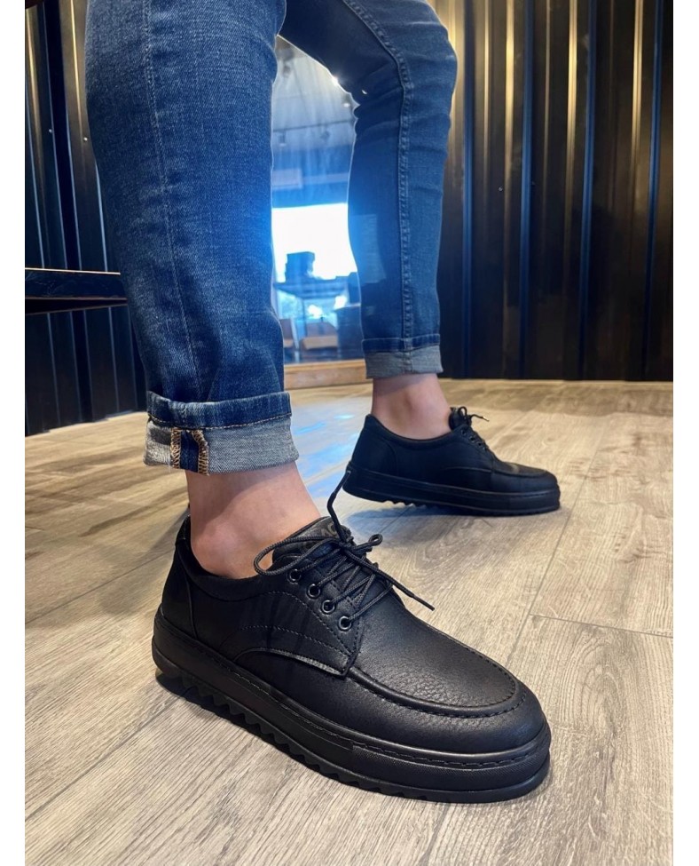 JY-T12 Velaro Bağcıklı Cilt Erkek Günlük Spor Klasik Ayakkabı CST - Siyah