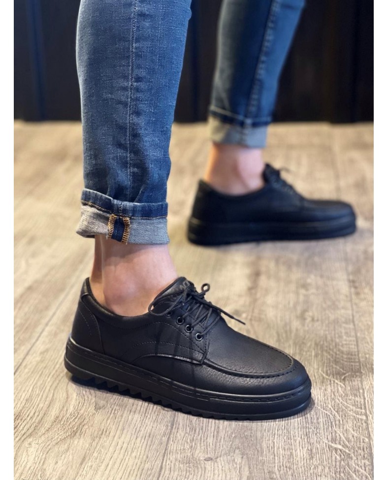 JY-T12 Velaro Bağcıklı Cilt Erkek Günlük Spor Klasik Ayakkabı CST - Siyah