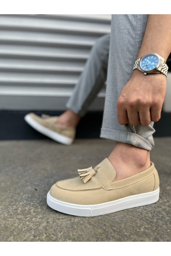 JY153 Bloom Bağcıksız Püsküllü Süet Erkek Günlük Spor Klasik Ayakkabı SBT - Krem