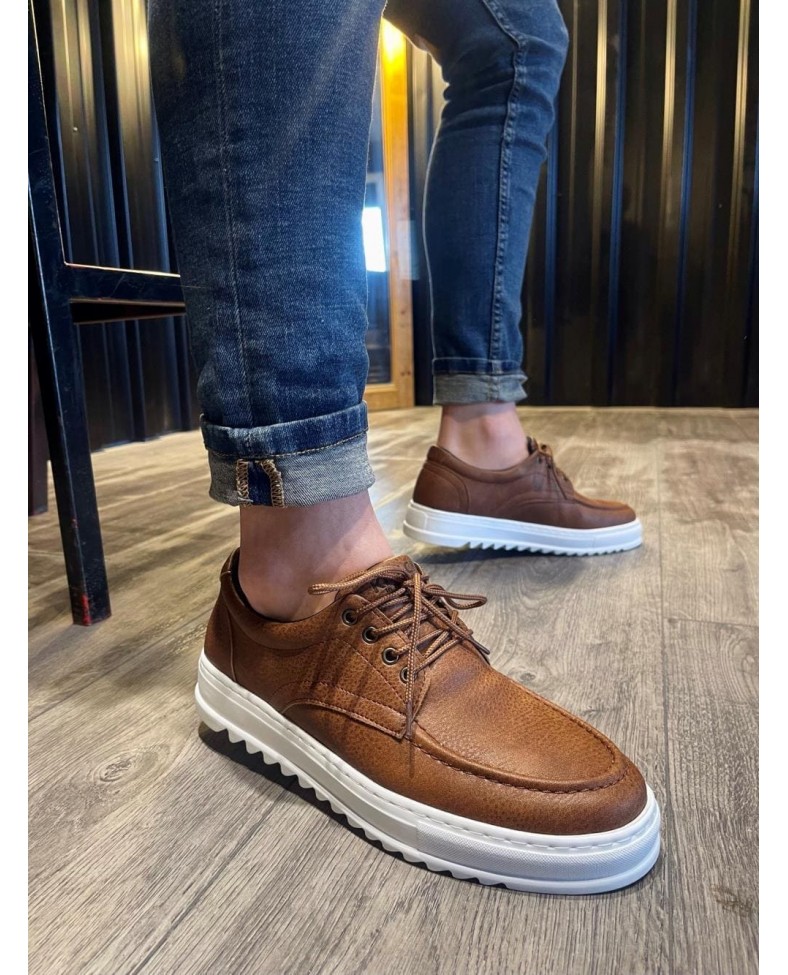 JY-T12 Velaro Bağcıklı Cilt Erkek Günlük Spor Klasik Ayakkabı CBT - Taba