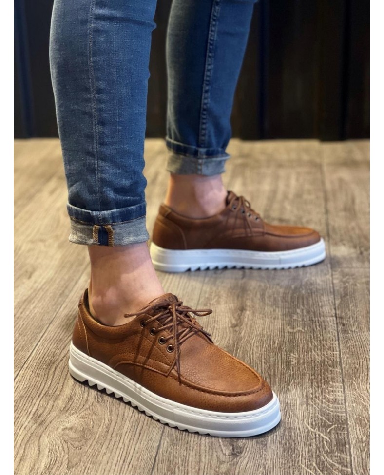 JY-T12 Velaro Bağcıklı Cilt Erkek Günlük Spor Klasik Ayakkabı CBT - Taba