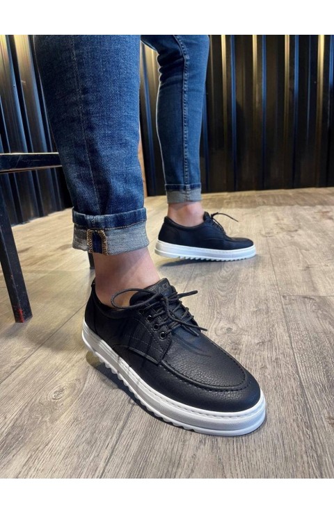 JY-T12 Velaro Bağcıklı Cilt Erkek Günlük Spor Klasik Ayakkabı CBT - Siyah