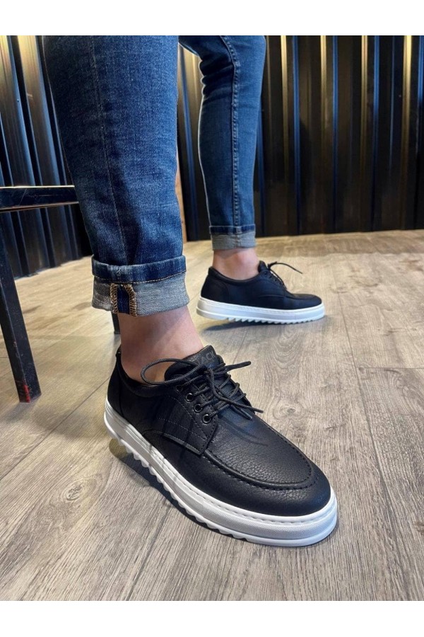 JY-T12 Velaro Bağcıklı Cilt Erkek Günlük Spor Klasik Ayakkabı CBT - Siyah