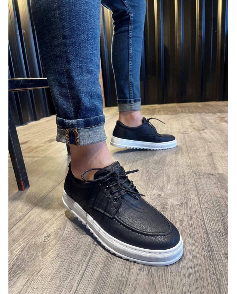 JY-T12 Velaro Bağcıklı Cilt Erkek Günlük Spor Klasik Ayakkabı CBT - Siyah