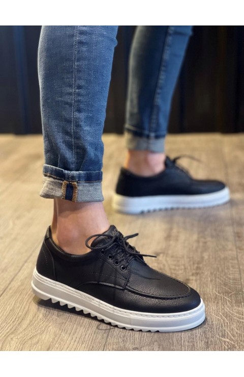 JY-T12 Velaro Bağcıklı Cilt Erkek Günlük Spor Klasik Ayakkabı CBT - Siyah