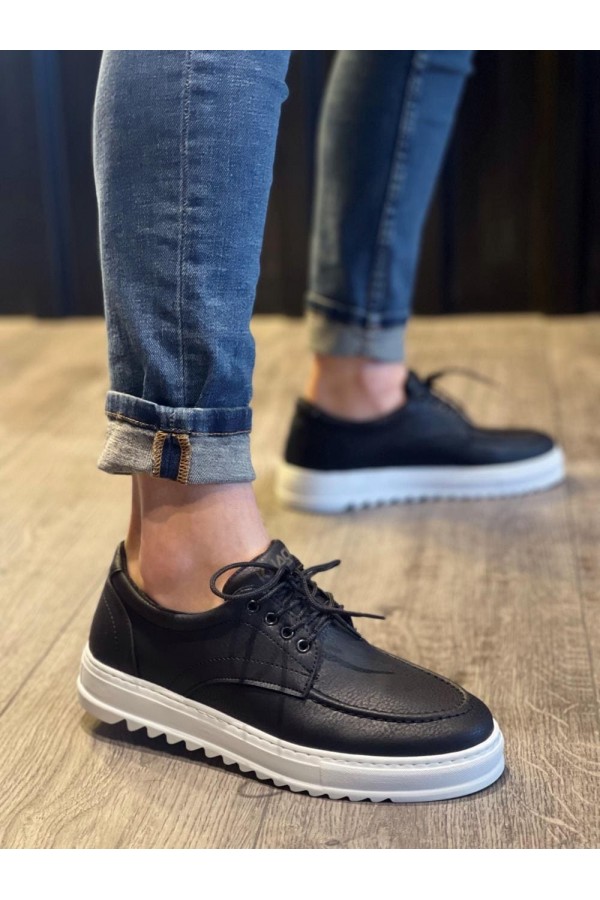 JY-T12 Velaro Bağcıklı Cilt Erkek Günlük Spor Klasik Ayakkabı CBT - Siyah