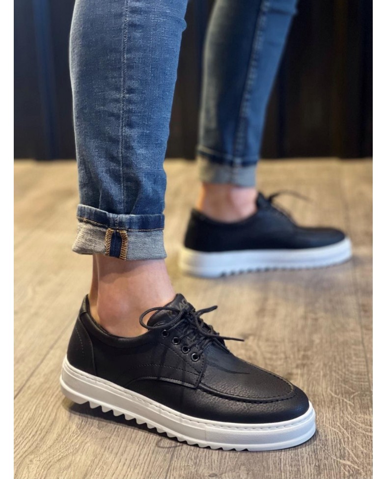JY-T12 Velaro Bağcıklı Cilt Erkek Günlük Spor Klasik Ayakkabı CBT - Siyah