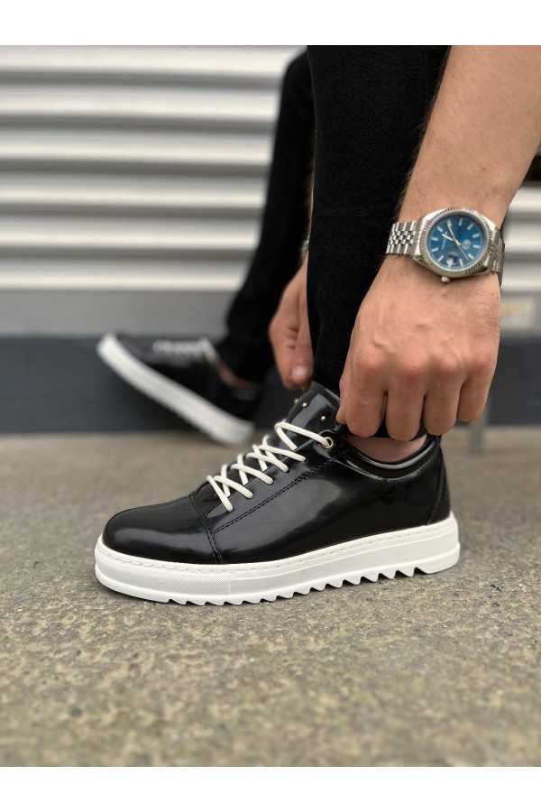JY152 Cool Bağcıklı Rugan Erkek Günlük Spor Klasik Ayakkabı RBT - Siyah