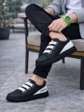 JY029 Mono Bağcıksız 3 Bantlı Lastikli Legend Cilt Erkek Günlük Sneaker Ayakkabı CST - Siyah/Beyaz