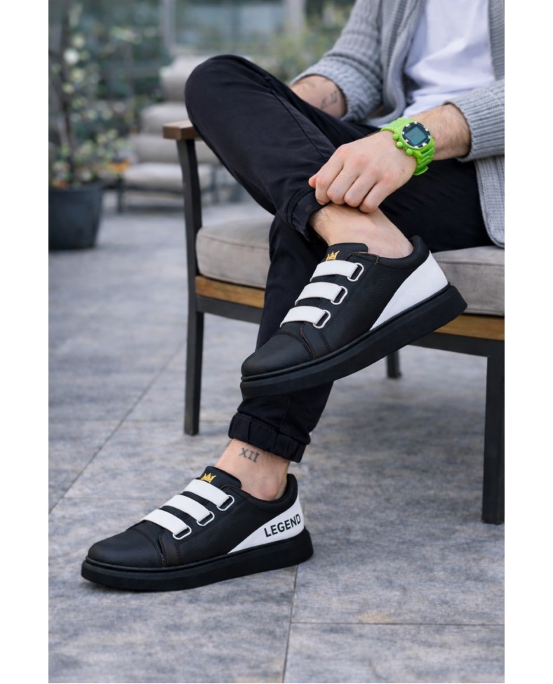 JY029 Mono Bağcıksız 3 Bantlı Lastikli Legend Cilt Erkek Günlük Sneaker Ayakkabı CST - Siyah/Beyaz