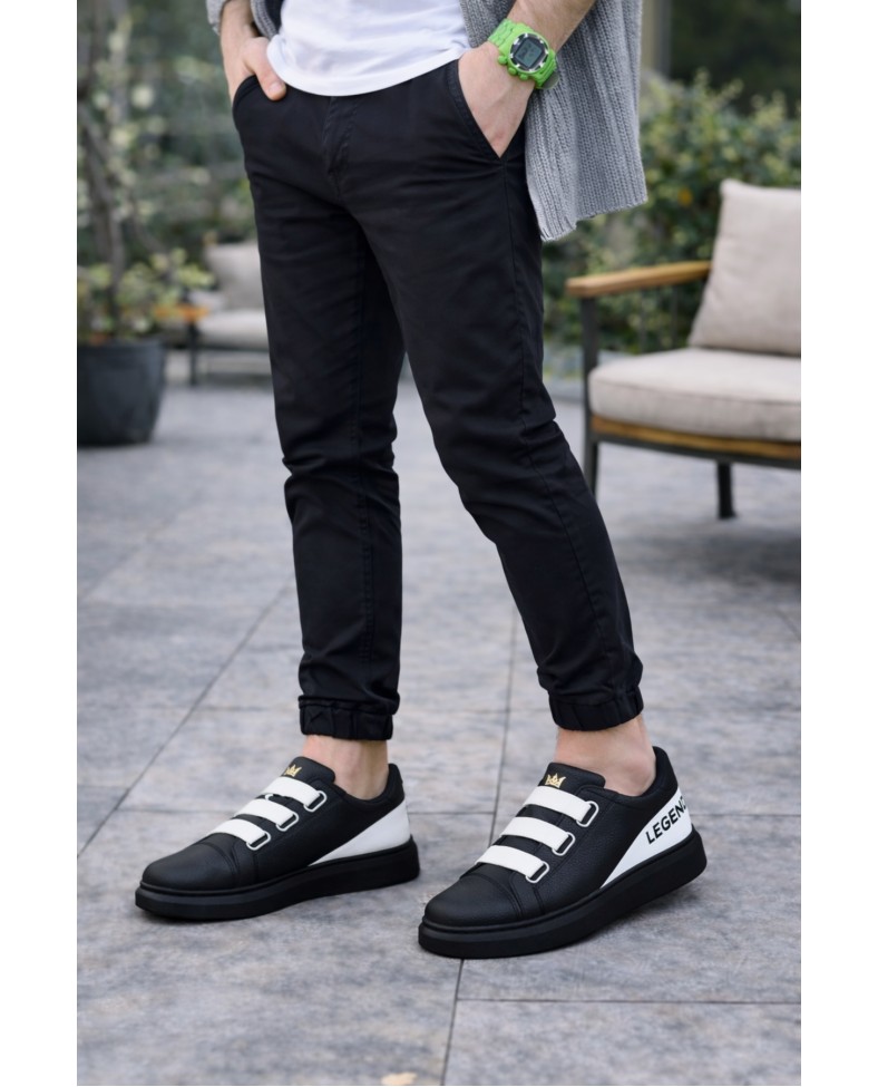 JY029 Mono Bağcıksız 3 Bantlı Lastikli Legend Cilt Erkek Günlük Sneaker Ayakkabı CST - Siyah/Beyaz