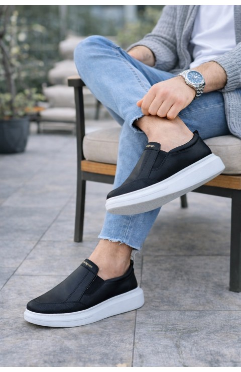 JY049 Ease Bağcıksız Erkek Günlük Cilt Spor Sneaker Ayakkabı CBT - Siyah