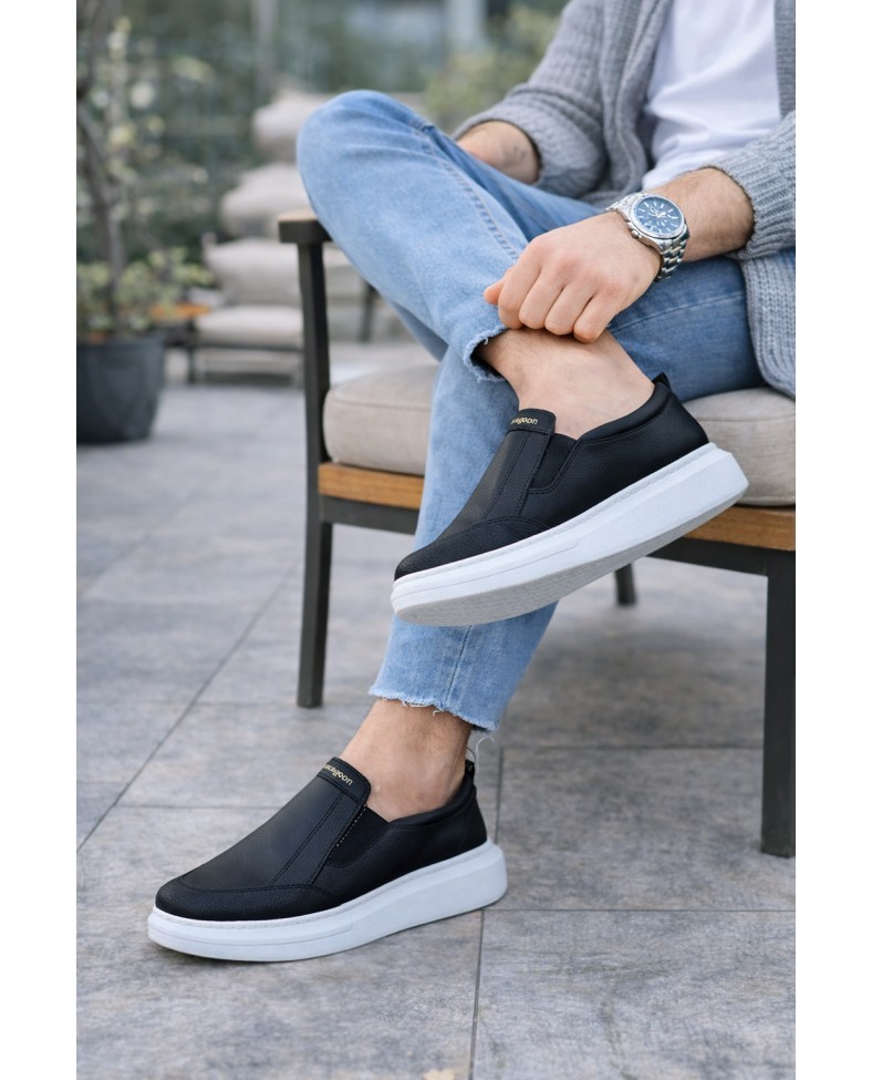 JY049 Ease Bağcıksız Erkek Günlük Cilt Spor Sneaker Ayakkabı CBT - Siyah