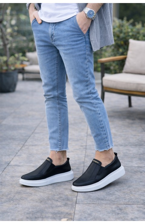 JY049 Ease Bağcıksız Erkek Günlük Cilt Spor Sneaker Ayakkabı CBT - Siyah