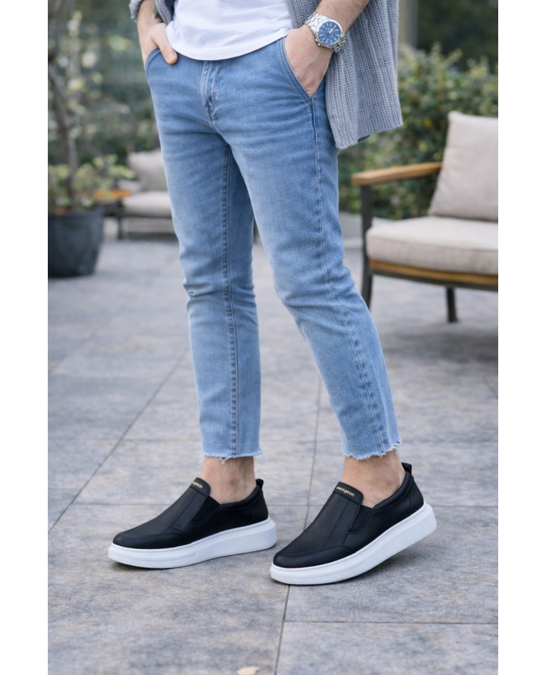 JY049 Ease Bağcıksız Erkek Günlük Cilt Spor Sneaker Ayakkabı CBT - Siyah