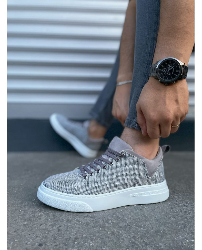 JY204 Flex Bağcıklı Keten Kumaş Erkek Günlük Sneaker Ayakkabı KBT - Gri