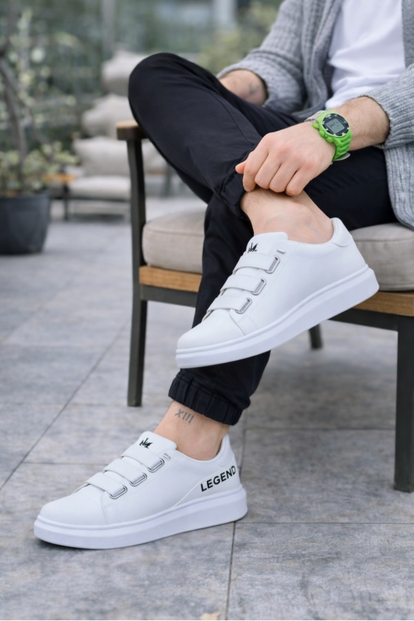 JY029 Mono Bağcıksız 3 Bantlı Lastikli Legend Cilt Erkek Günlük Sneaker Ayakkabı CBT - Beyaz