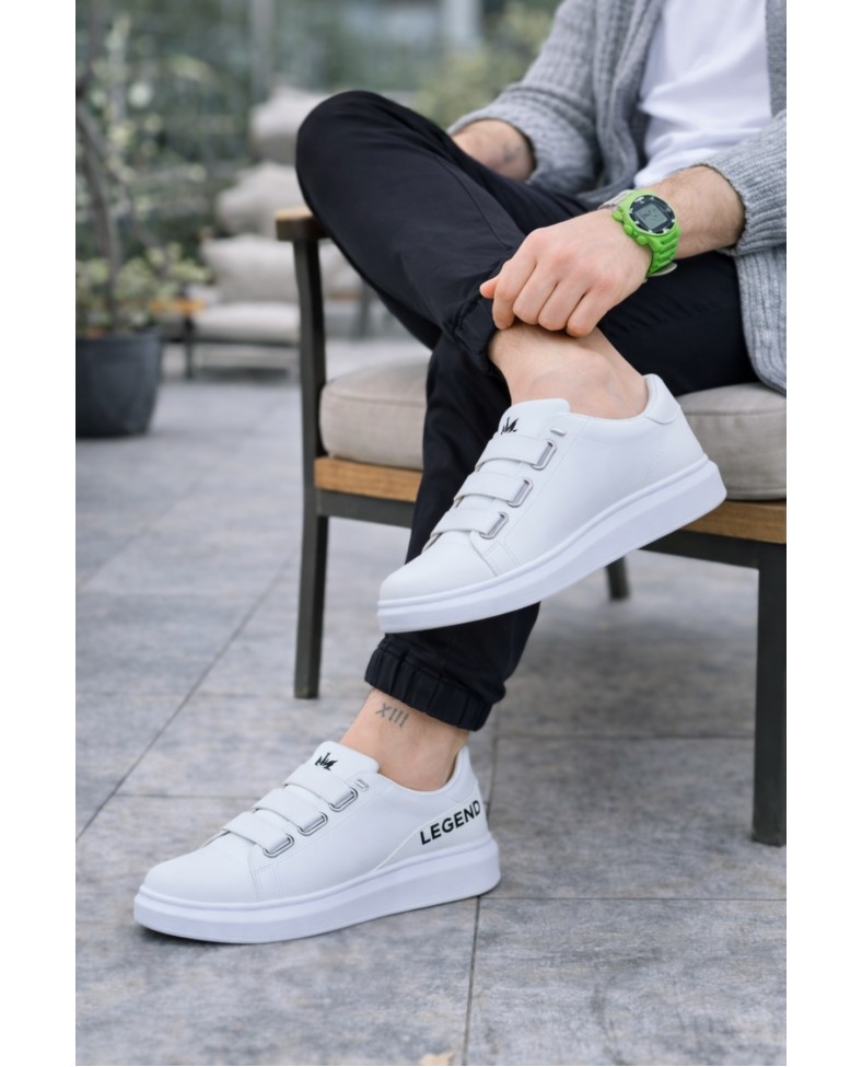 JY029 Mono Bağcıksız 3 Bantlı Lastikli Legend Cilt Erkek Günlük Sneaker Ayakkabı CBT - Beyaz