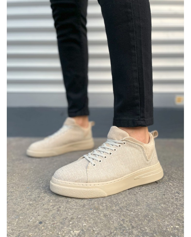 JY204 Flex Bağcıklı Keten Kumaş Erkek Günlük Sneaker Ayakkabı KKT - Krem