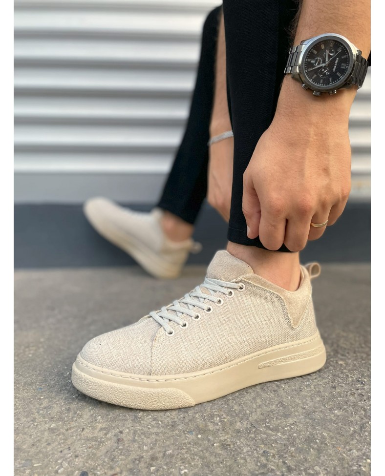 JY204 Flex Bağcıklı Keten Kumaş Erkek Günlük Sneaker Ayakkabı KKT - Krem