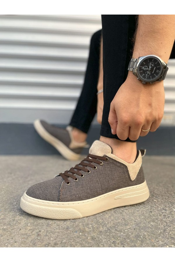 JY204 Flex Bağcıklı Keten Kumaş Erkek Günlük Sneaker Ayakkabı KKT - Kahverengi/Krem