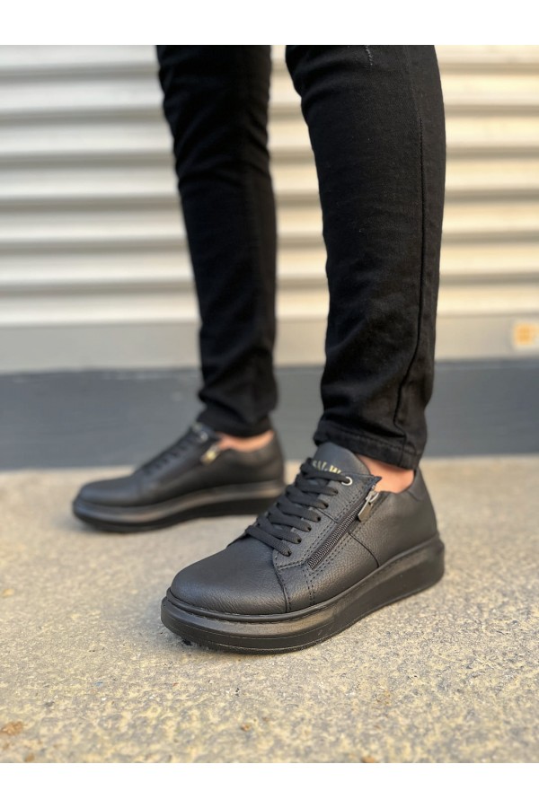 JY155 Warrior Bağcıklı ve Fermuarlı Cilt Erkek Günlük Sneaker Ayakkabı CST - Siyah
