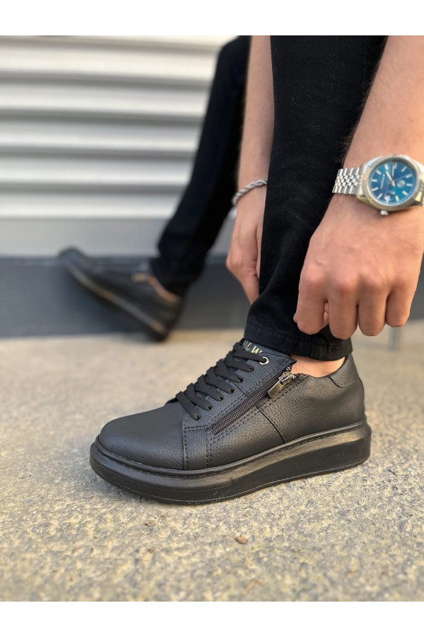 JY155 Warrior Bağcıklı ve Fermuarlı Cilt Erkek Günlük Sneaker Ayakkabı CST - Siyah