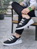 JY029 Mono Bağcıksız 3 Bantlı Lastikli Legend Cilt Erkek Günlük Sneaker Ayakkabı CBT - Siyah/Beyaz