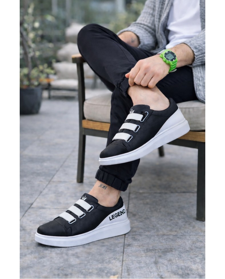 JY029 Mono Bağcıksız 3 Bantlı Lastikli Legend Cilt Erkek Günlük Sneaker Ayakkabı CBT - Siyah/Beyaz