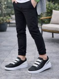 JY029 Mono Bağcıksız 3 Bantlı Lastikli Legend Cilt Erkek Günlük Sneaker Ayakkabı CBT - Siyah/Beyaz
