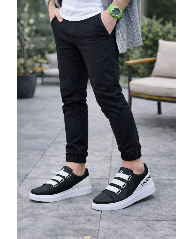 JY029 Mono Bağcıksız 3 Bantlı Lastikli Legend Cilt Erkek Günlük Sneaker Ayakkabı CBT - Siyah/Beyaz